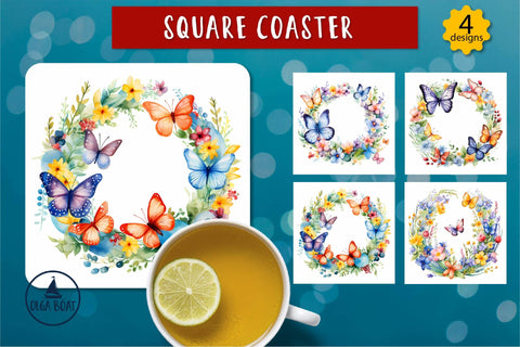 Watercolor butterfly, Spring square coasters sublimation Sublimation Olga Boat Design 