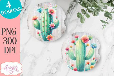 Watercolor cactus designs for car coaster sublimation SVG Amorclipart 