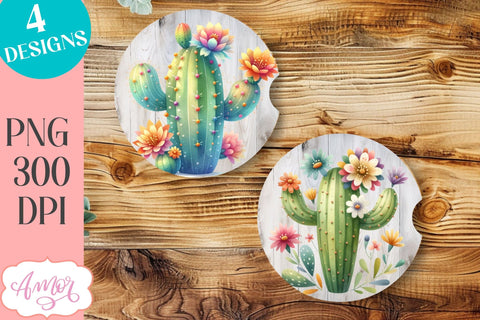 Watercolor cactus designs for car coaster sublimation SVG Amorclipart 