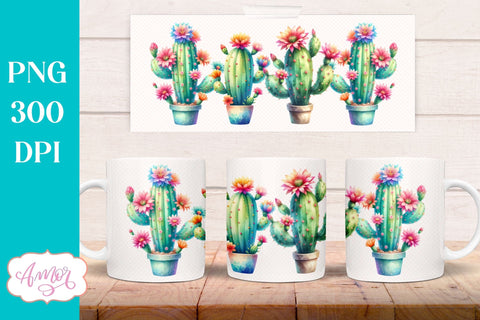 Watercolor Cactus mug wrap PNG for sublimation Sublimation Amorclipart 