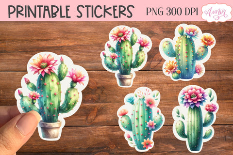 Watercolor cactus stickers for Cricut Print and Cut Sublimation Amorclipart 