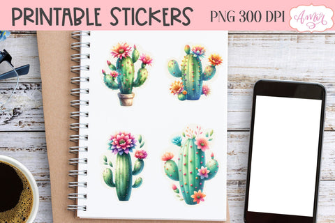 Watercolor cactus stickers for Cricut Print and Cut Sublimation Amorclipart 