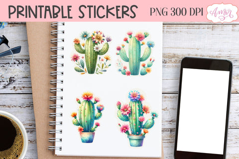 Watercolor cactus stickers for Cricut Print and Cut Sublimation Amorclipart 