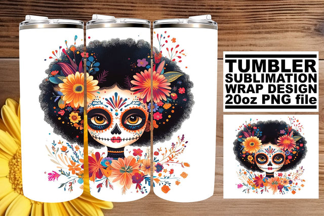 Watercolor Calavera Tumbler Wrap – 20oz Halloween Art Sublimation afrosvg 