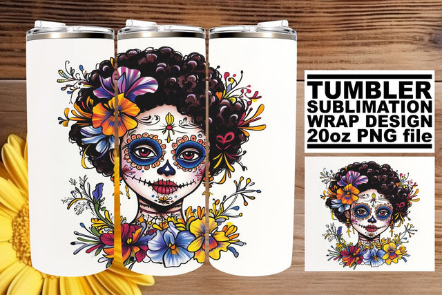Watercolor Calavera Woman Tumbler – 20oz Sublimation Wrap Sublimation afrosvg 