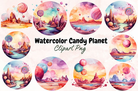 Watercolor Candy Planet Landscape Clipart Bundle Sublimation Designangry 