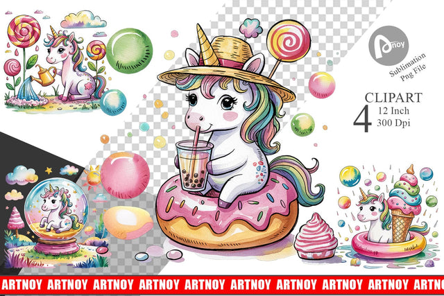 Watercolor Candy Unicorn Summer Clipart Sublimation artnoy 