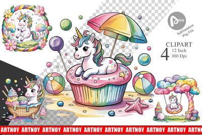 Watercolor Candy Unicorn Summer Clipart Sublimation artnoy 