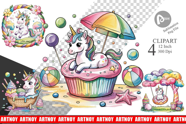 Watercolor Candy Unicorn Summer Clipart Sublimation artnoy 