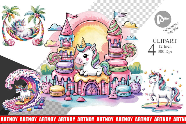Watercolor Candy Unicorn Summer Clipart Sublimation artnoy 