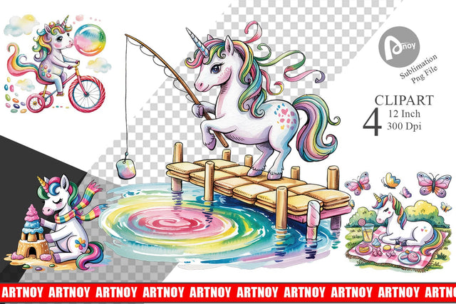 Watercolor Candy Unicorn Summer Clipart Sublimation artnoy 