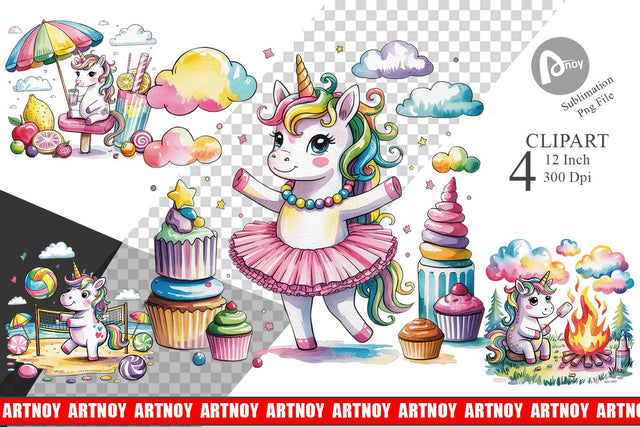Watercolor Candy Unicorn Summer Clipart Sublimation artnoy 