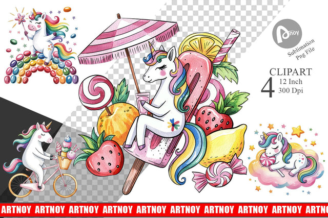 Watercolor Candy Unicorn Summer Clipart Sublimation artnoy 