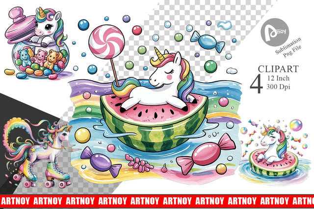 Watercolor Candy Unicorn Summer Clipart Sublimation artnoy 