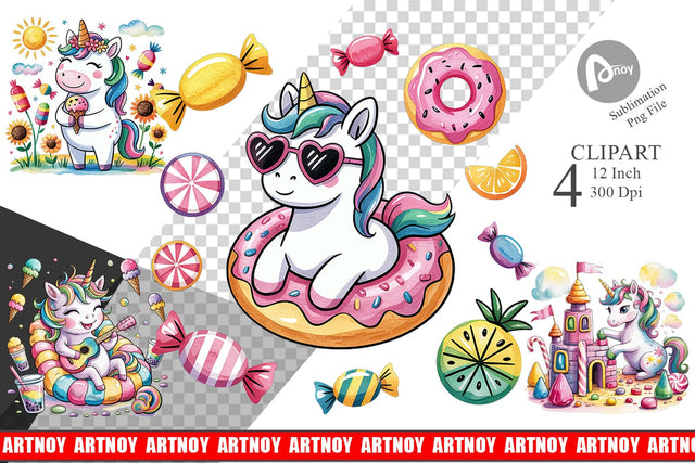 Watercolor Candy Unicorn Summer Clipart Sublimation artnoy 