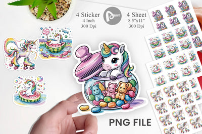 Watercolor Candy Unicorn Summer Sticker Sublimation artnoy 
