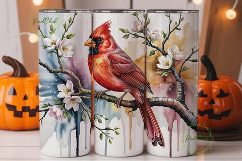 Watercolor Cardinal Bird Tumbler Wrap Sublimation PixelChick 