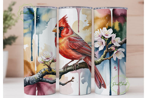 Watercolor Cardinal Bird Tumbler Wrap Sublimation PixelChick 