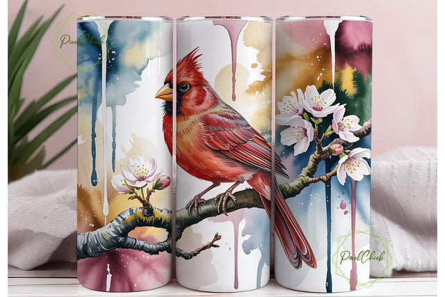 Watercolor Cardinal Bird Tumbler Wrap Sublimation PixelChick 