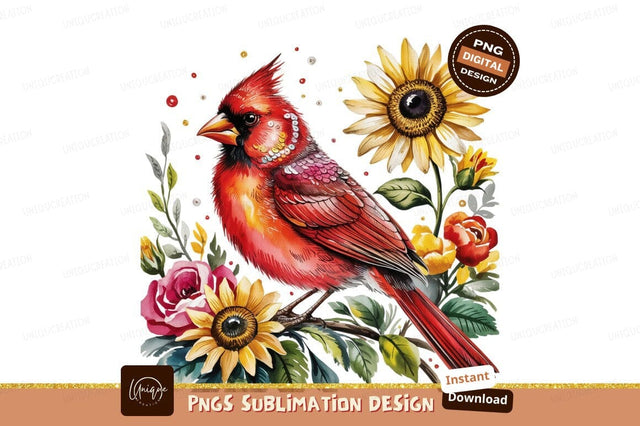 Watercolor Cardinal Bird With Flowers Artwork Sublimation Designangry 