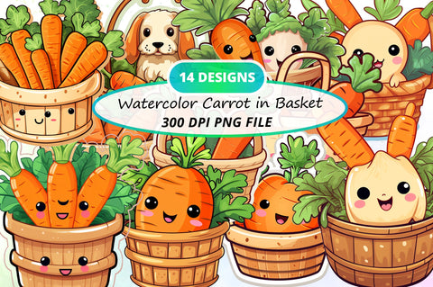 Watercolor Carrot in Basket Clipart Bundle Sublimation Regulrcrative 