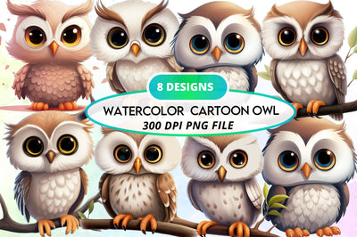 Watercolor Cartoon Owl Clipart Bundle Sublimation Regulrcrative 