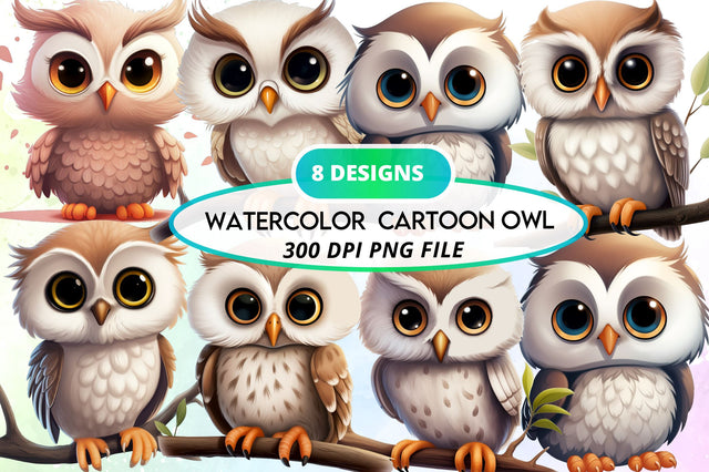 Watercolor Cartoon Owl Clipart Bundle Sublimation Regulrcrative 