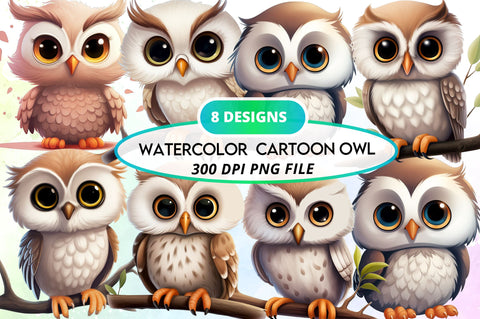 Watercolor Cartoon Owl Clipart Bundle Sublimation Regulrcrative 