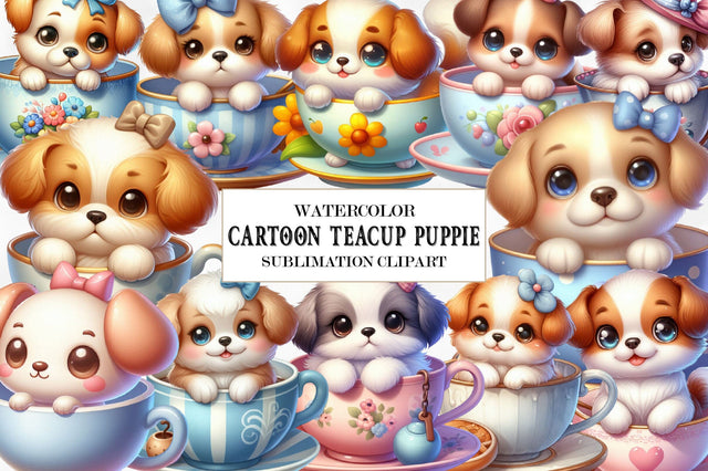 Watercolor Cartoon Teacup Puppie Clipart Sublimation SVGista 