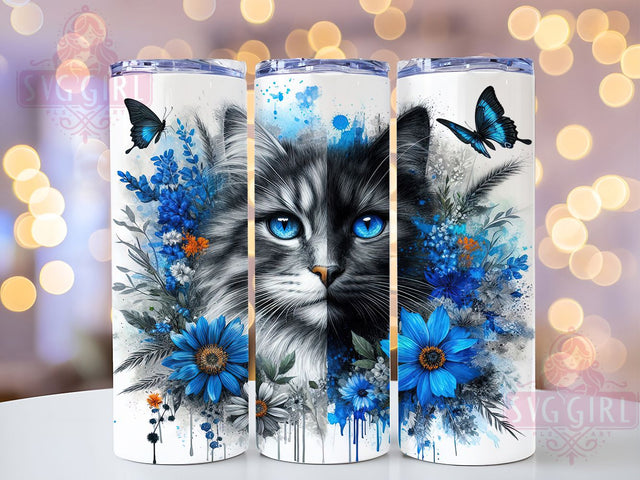 Watercolor Cat Blue Floral 20oz Tumbler, Blue Floral Design, Nature Butterfly Mug, 20oz Sublimation Wrap, Cat Lover Gift, Floral Drinkware, Animal Art Tumbler Sublimation SvggirlplusArt 