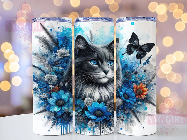 Watercolor Cat Blue Floral 20oz Tumbler, Blue Floral Design, Nature Butterfly Mug, 20oz Sublimation Wrap, Cat Lover Gift, Floral Drinkware, Animal Art Tumbler Sublimation SvggirlplusArt 