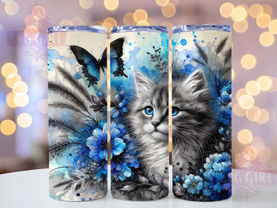 Watercolor Cat Blue Floral 20oz Tumbler, Blue Floral Design, Nature Butterfly Mug, 20oz Sublimation Wrap, Cat Lover Gift, Floral Drinkware, Animal Art Tumbler Sublimation SvggirlplusArt 