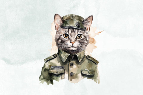 Watercolor Cat in Military Clothes Clipart Bundle Sublimation Designangry 