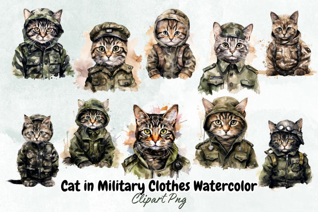 Watercolor Cat in Military Clothes Clipart Bundle Sublimation Designangry 