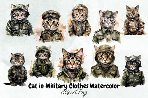Watercolor Cat in Military Clothes Clipart Bundle Sublimation Designangry 