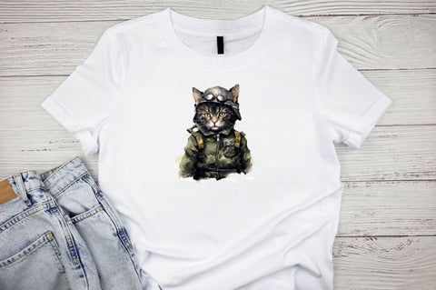 Watercolor Cat in Military Clothes Clipart Bundle Sublimation Designangry 