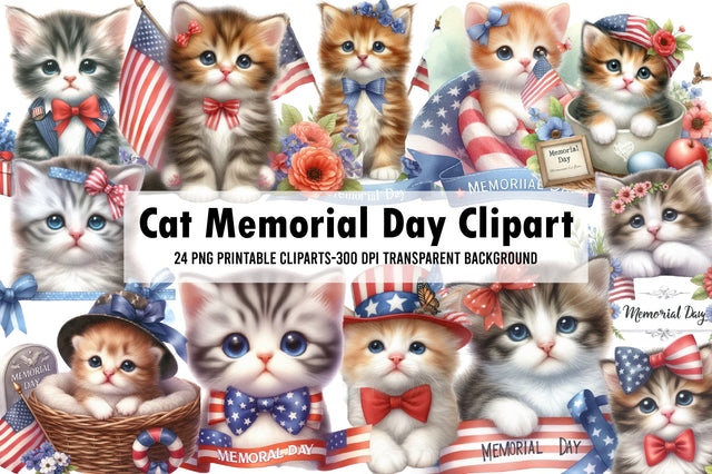 Watercolor Cat Memorial Day Clipart Sublimation Rupkotha 