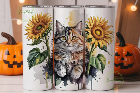 Watercolor Cat & Sunflower Tumbler Wrap Sublimation PixelChick 