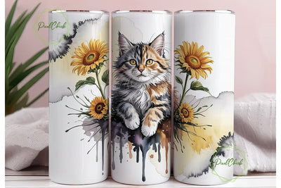Watercolor Cat & Sunflower Tumbler Wrap Sublimation PixelChick 