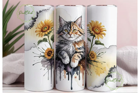 Watercolor Cat & Sunflower Tumbler Wrap Sublimation PixelChick 