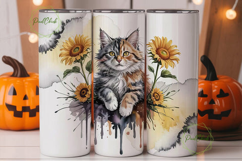 Watercolor Cat & Sunflower Tumbler Wrap Sublimation PixelChick 