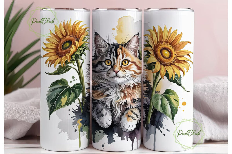 Watercolor Cat & Sunflower Tumbler Wrap Sublimation PixelChick 