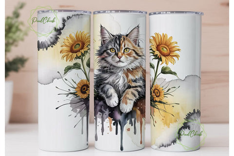 Watercolor Cat & Sunflower Tumbler Wrap Sublimation PixelChick 