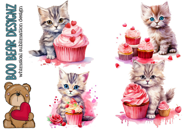 Watercolor Cats and Valentines Day Cupcake Clipart Sublimation Boo Bear Designz 