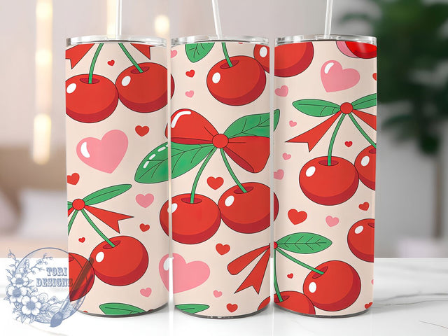 Watercolor Cherry Bow Valentine Tumbler, Watercolor Hearts Pattern, Romantic Valentine Design, 20Oz Sublimation Wrap, Cute Bow Art, Elegant Heart Texture, Tumbler Sublimation Sublimation ToriDesigns 