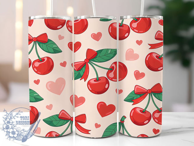 Watercolor Cherry Bow Valentine Tumbler, Watercolor Hearts Pattern, Romantic Valentine Design, 20Oz Sublimation Wrap, Cute Bow Art, Elegant Heart Texture, Tumbler Sublimation Sublimation ToriDesigns 