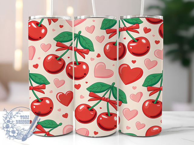 Watercolor Cherry Bow Valentine Tumbler, Watercolor Hearts Pattern, Romantic Valentine Design, 20Oz Sublimation Wrap, Cute Bow Art, Elegant Heart Texture, Tumbler Sublimation Sublimation ToriDesigns 
