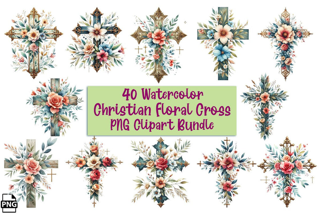 Watercolor Christian Floral Cross PNG Clipart Bundle Printable File ...