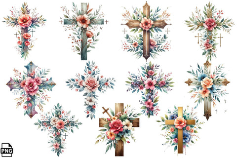 Watercolor Christian Floral Cross PNG Clipart Bundle Printable File Sublimation Creativedesigntee 