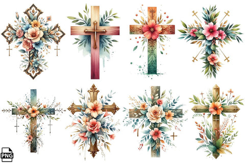 Watercolor Christian Floral Cross PNG Clipart Bundle Printable File Sublimation Creativedesigntee 